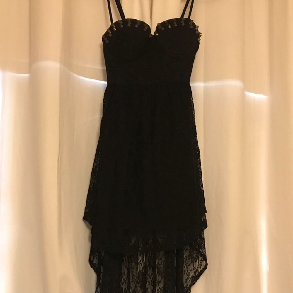 Black Studded High-Low Lace Dress